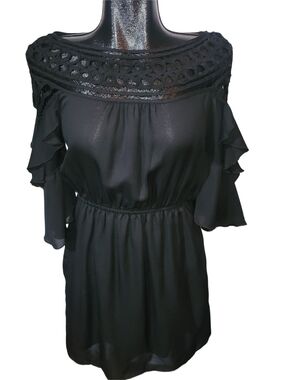 Black Boat Neck Crochet Yoke Mid-length Dress Size S